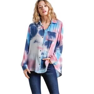 Umgee HIDDEN GEM TIE DYE‎ BLOUSE, NAVY PINK Size Small